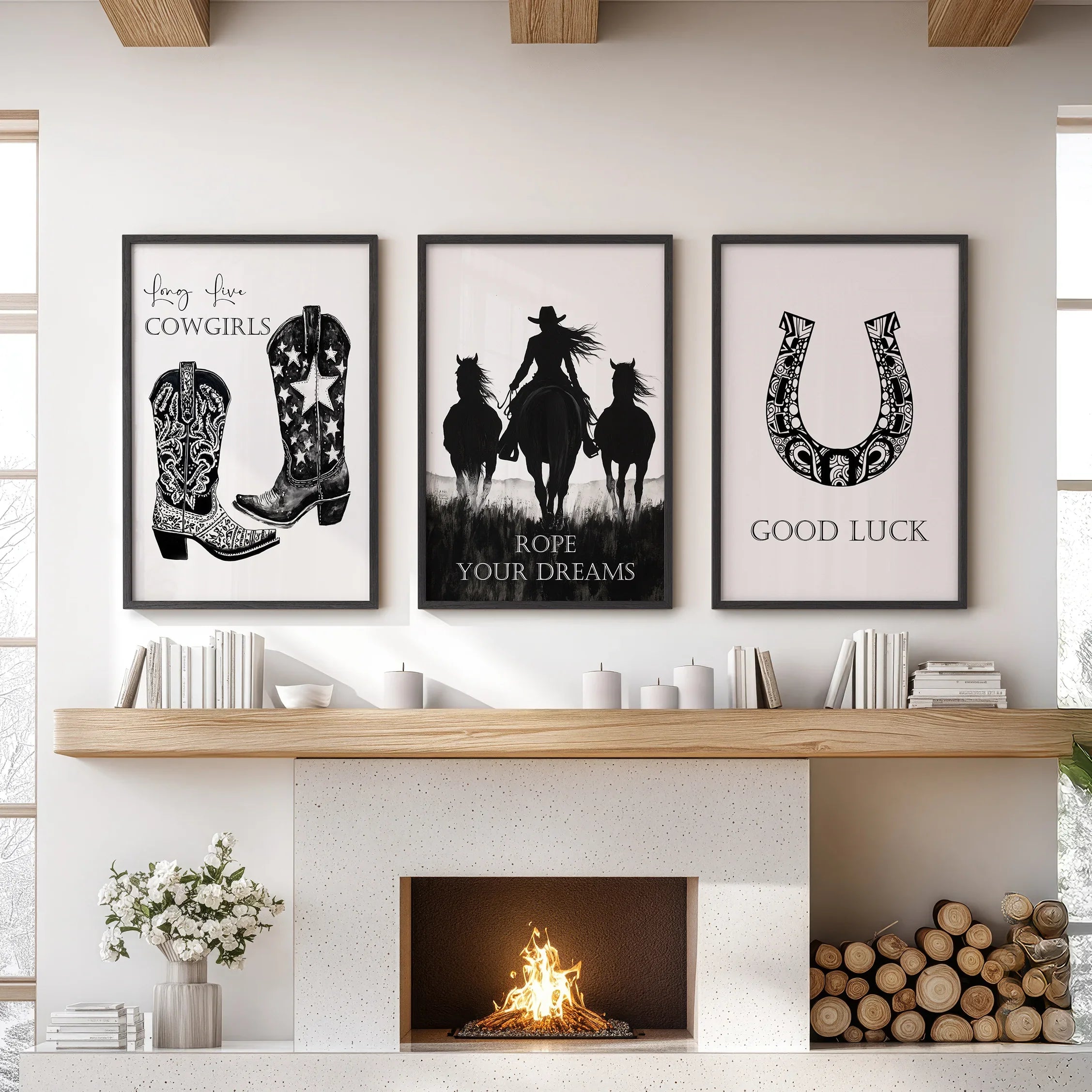 Black White Western Cowgirl 3 Piece Art. Boots, Horseshoe