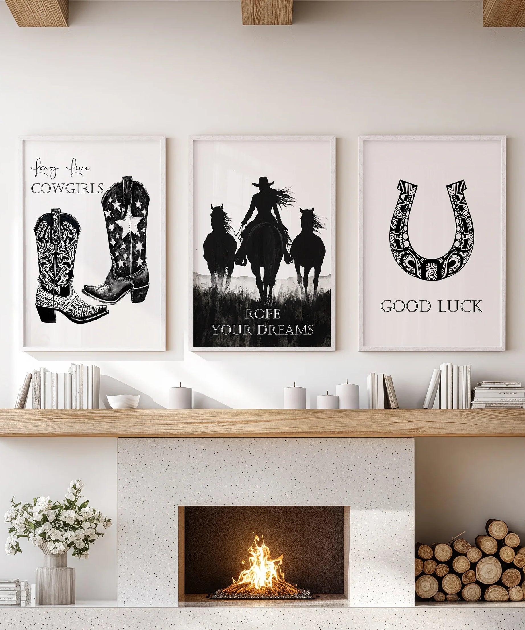 Black White Western Cowgirl 3 Piece Art. Boots, Horseshoe