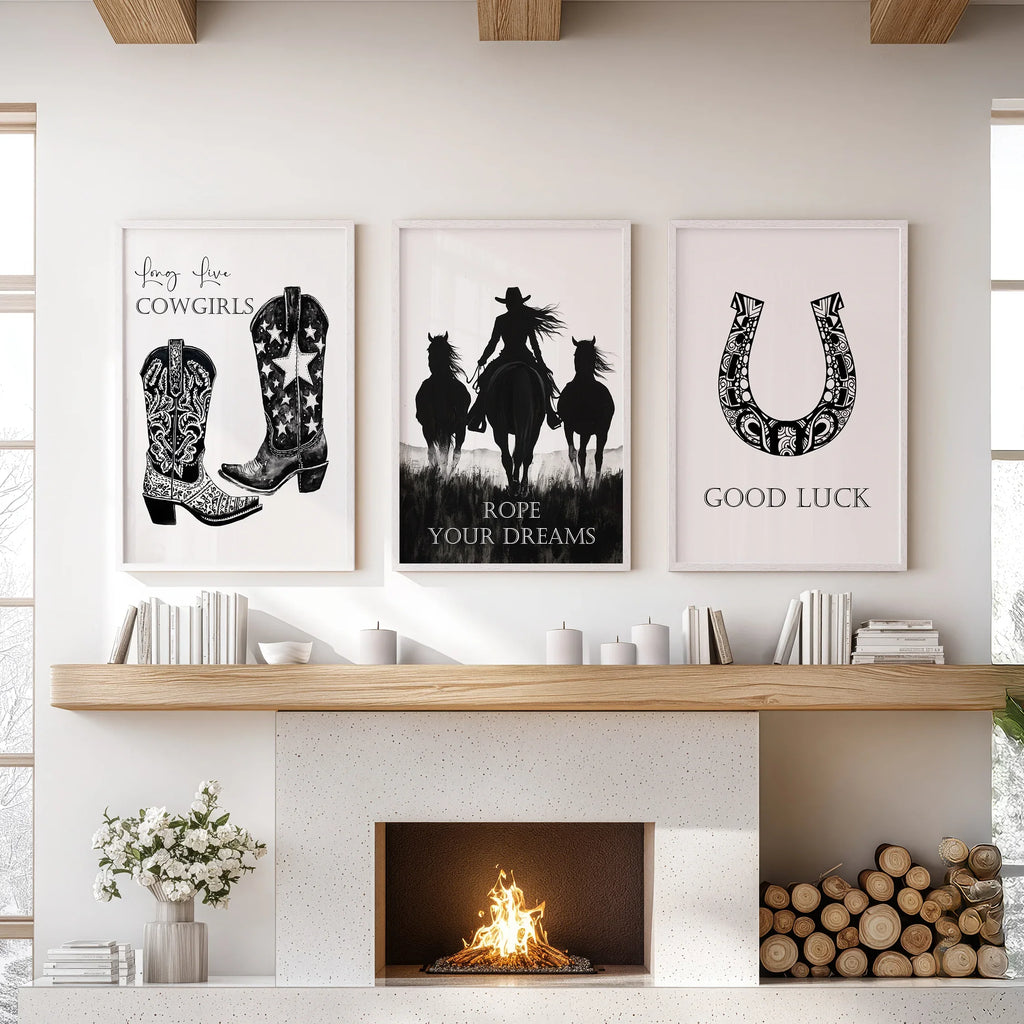 Black White Western Cowgirl 3 Piece Art. Boots, Horseshoe