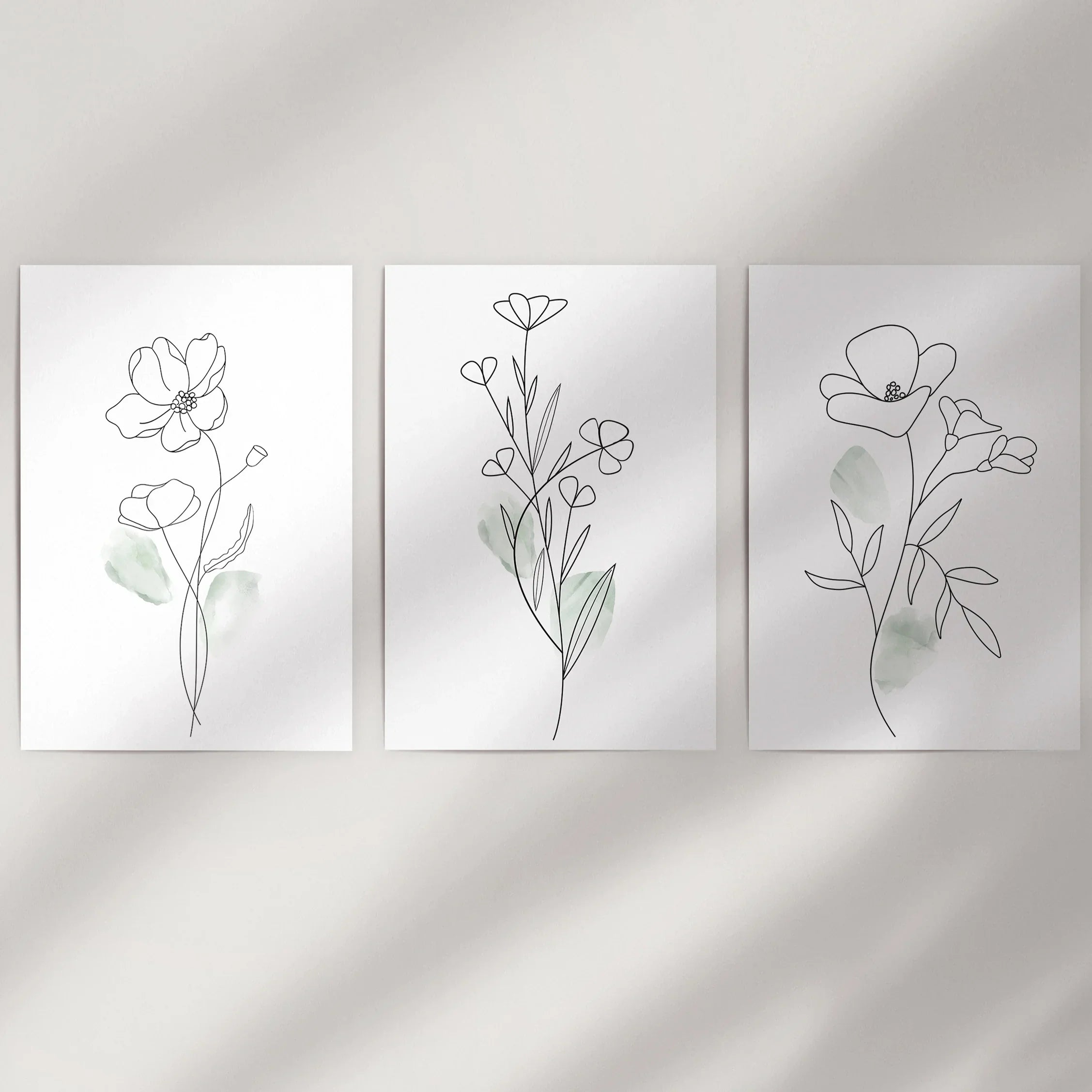 Modern Botanical Line Art Decor. 3 Piece Floral Print Set