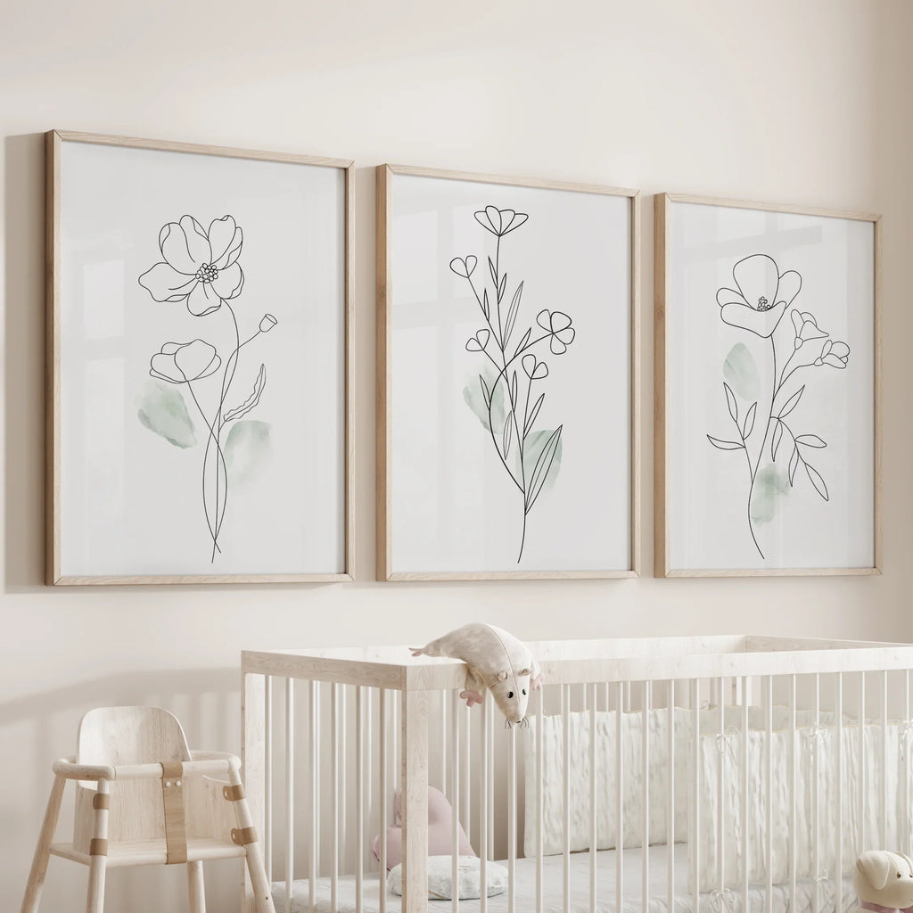 Modern Botanical Line Art Decor. 3 Piece Floral Print Set