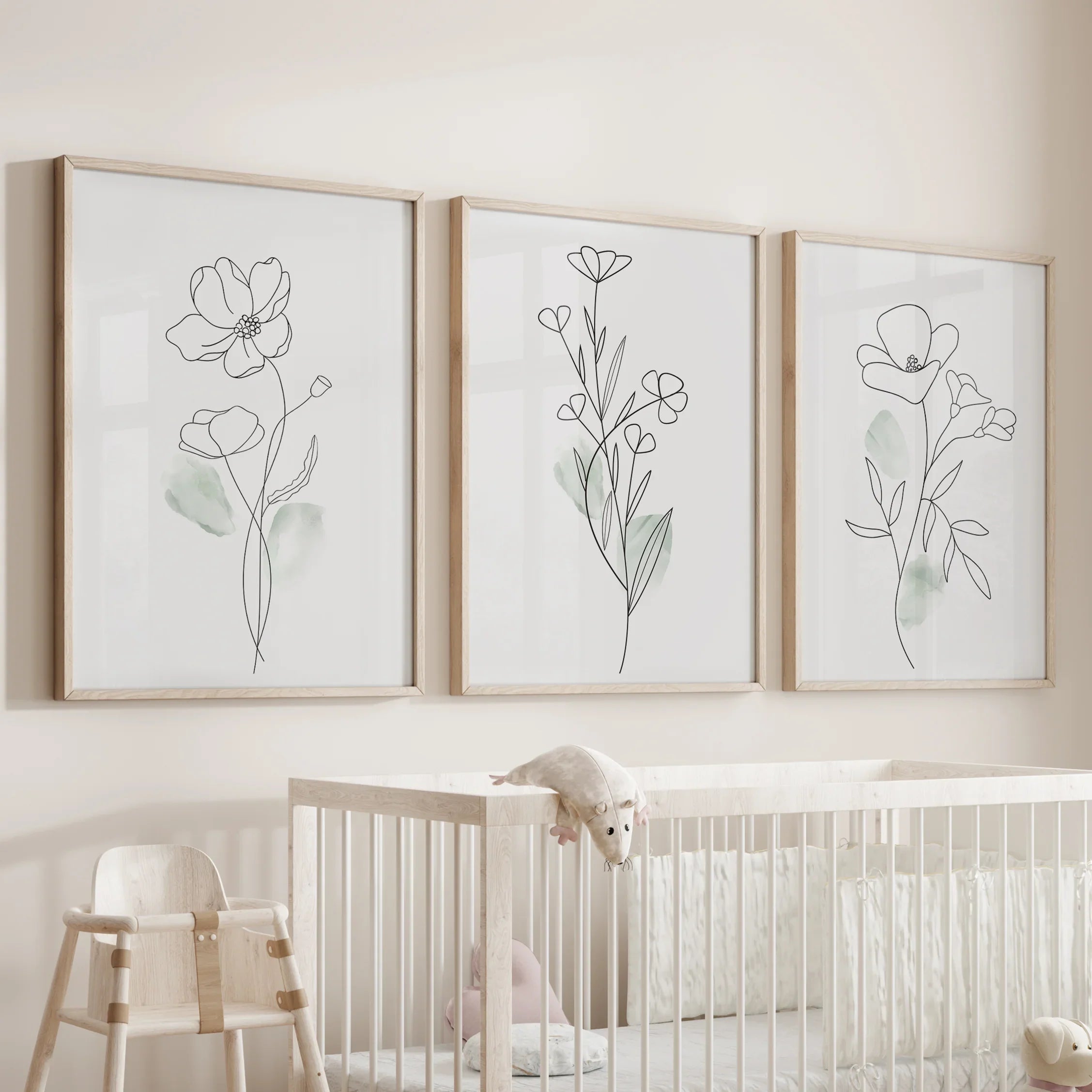 Modern Botanical Line Art Decor. 3 Piece Floral Print Set