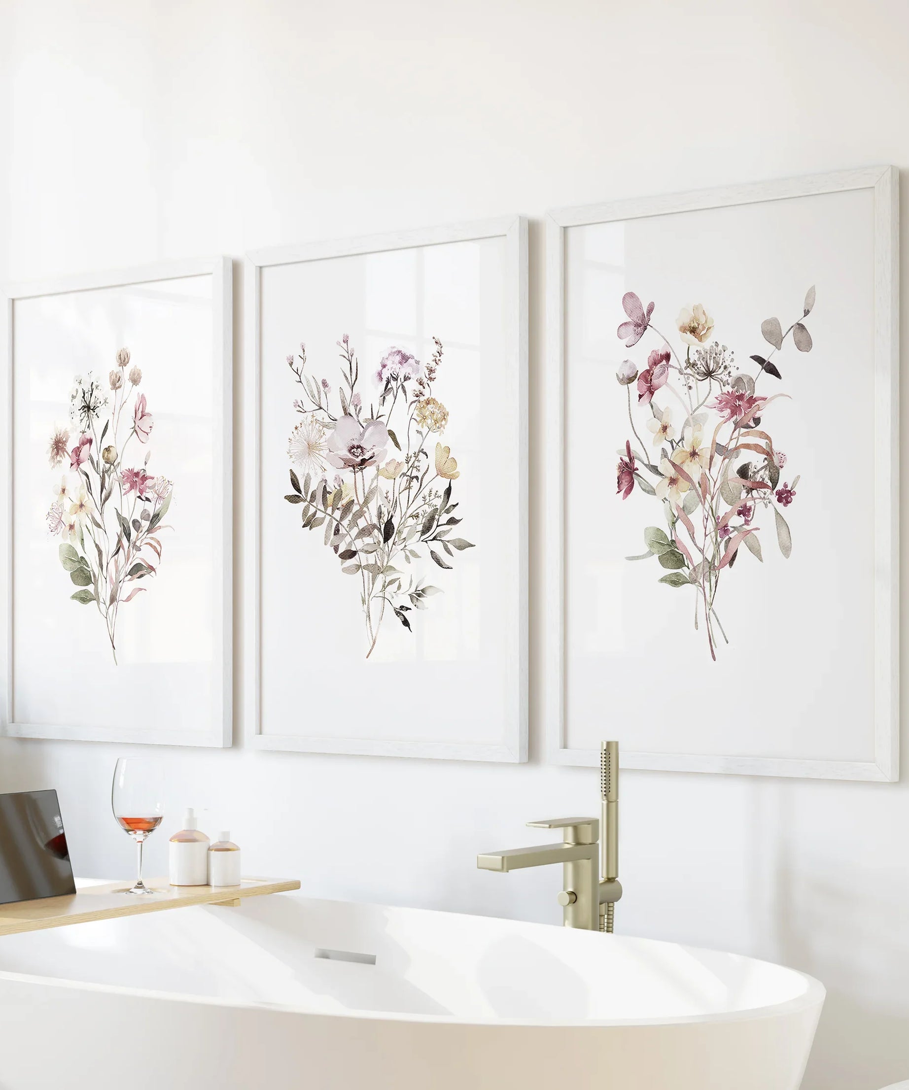 Floral Art Set of 3. Watercolor Wildflower Bouquet Prints