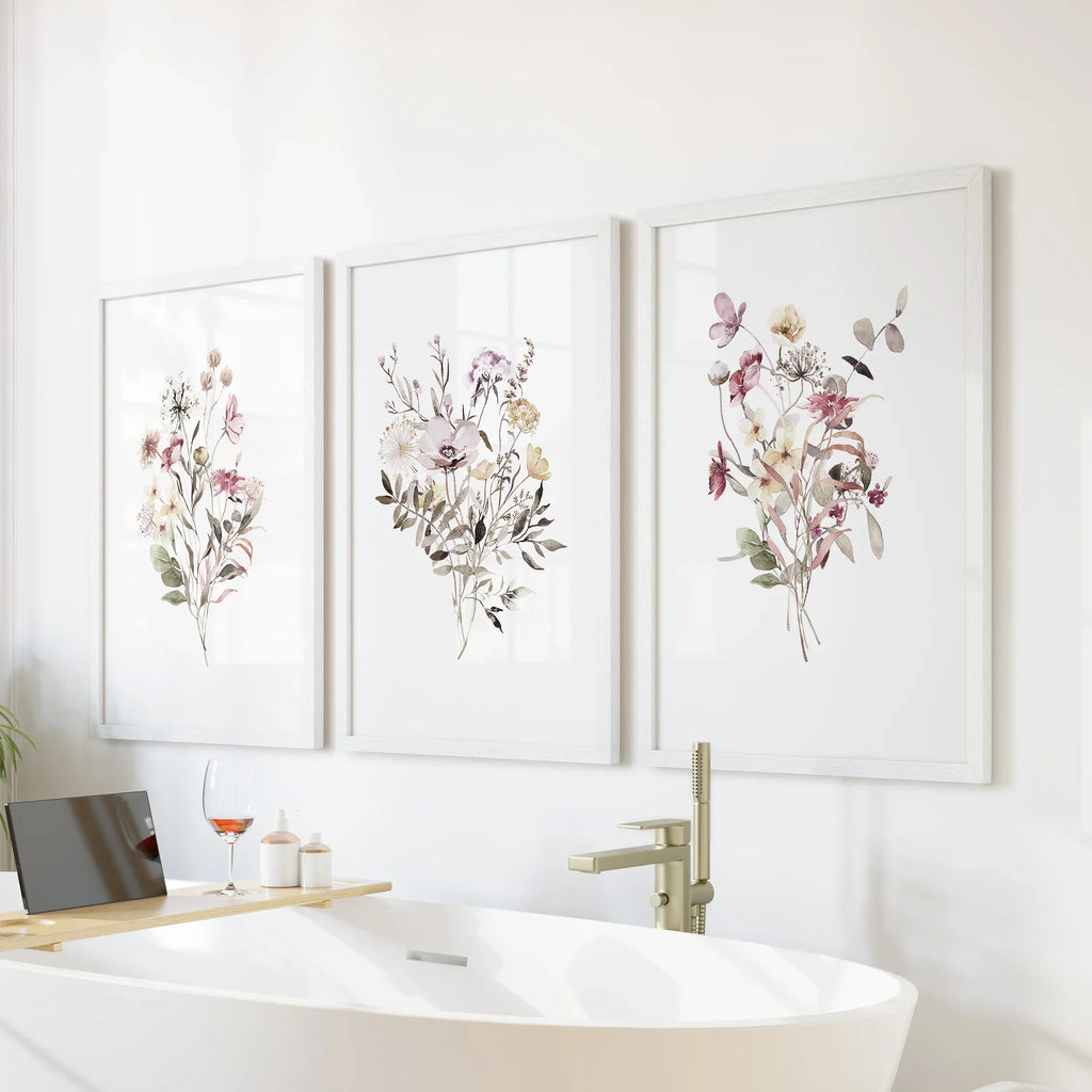 Floral Art Set of 3. Watercolor Wildflower Bouquet Prints