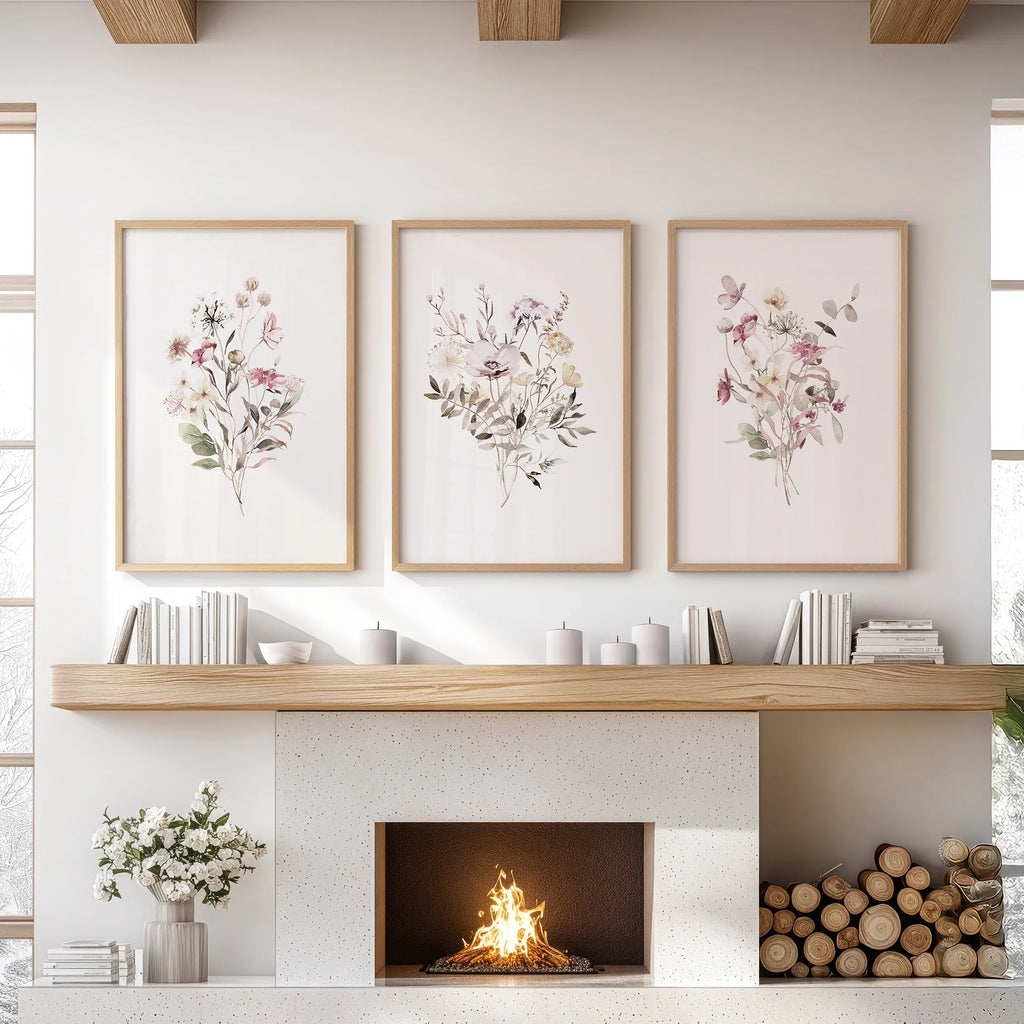 Floral Art Set of 3. Watercolor Wildflower Bouquet Prints