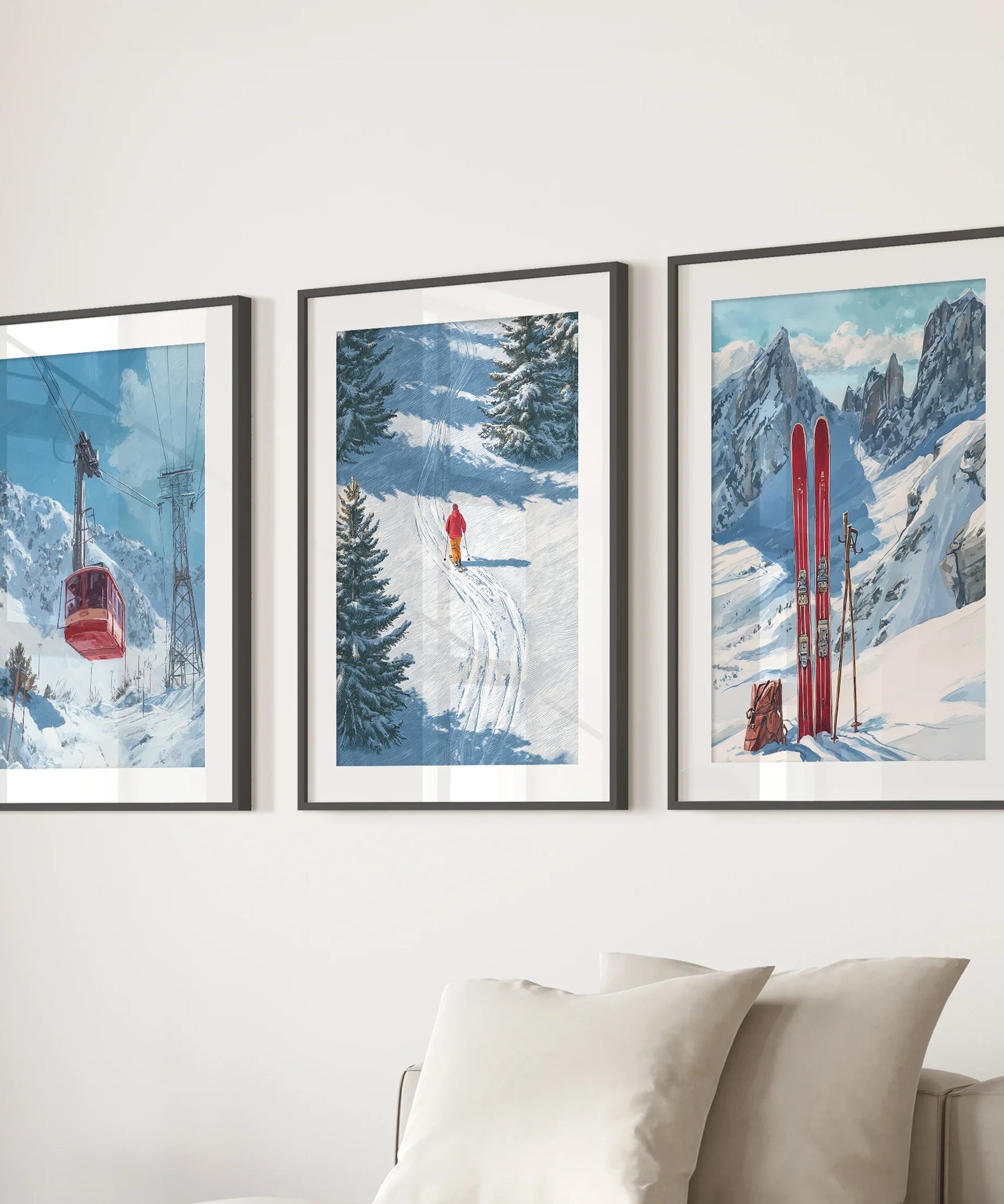 Snowy Mountain Wall Art Set: Skier, Red Skis, Snowy Trees