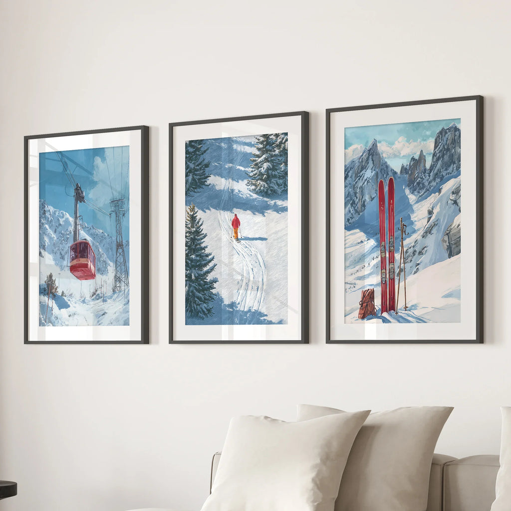 Snowy Mountain Wall Art Set: Skier, Red Skis, Snowy Trees
