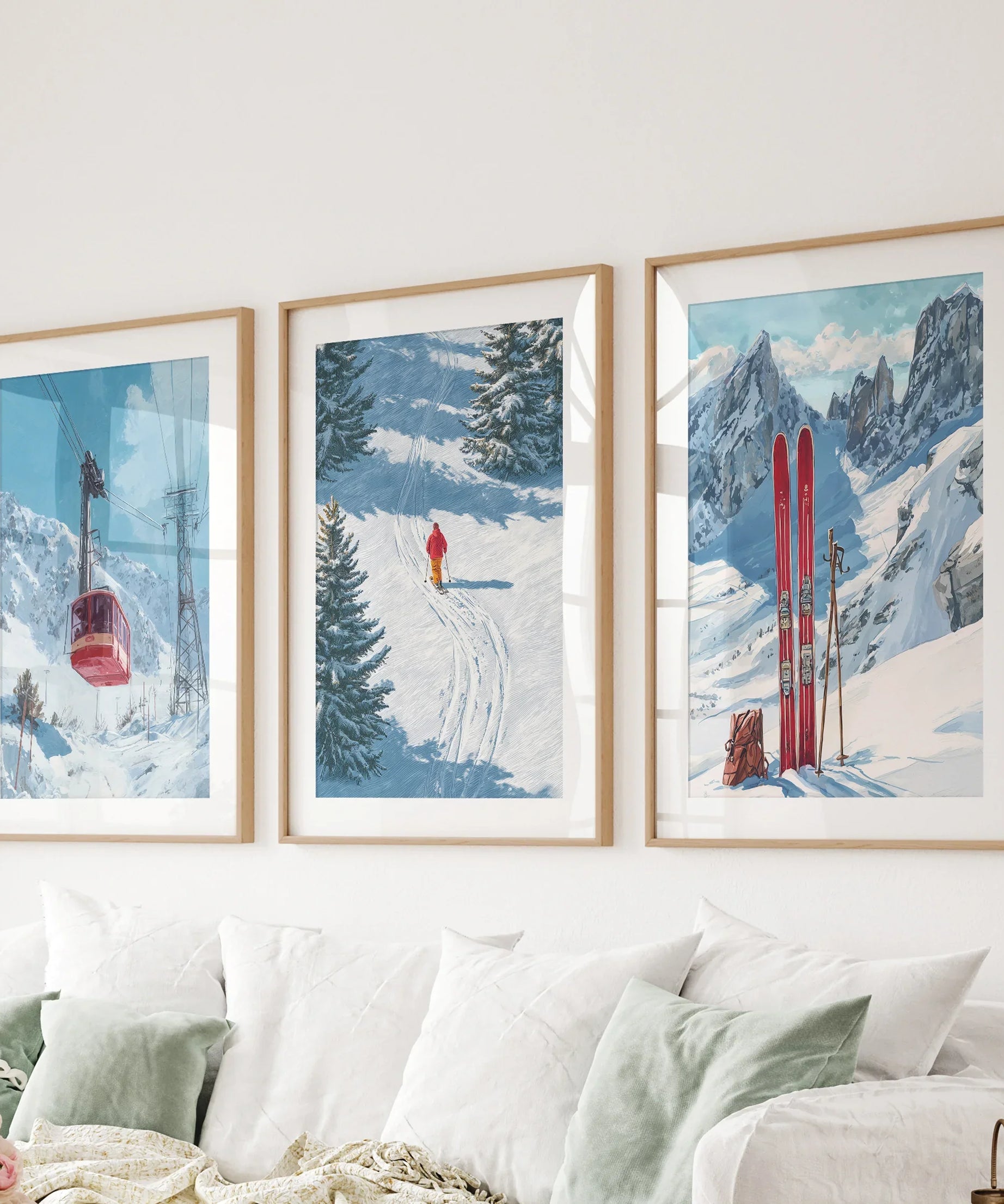 Snowy Mountain Wall Art Set: Skier, Red Skis, Snowy Trees