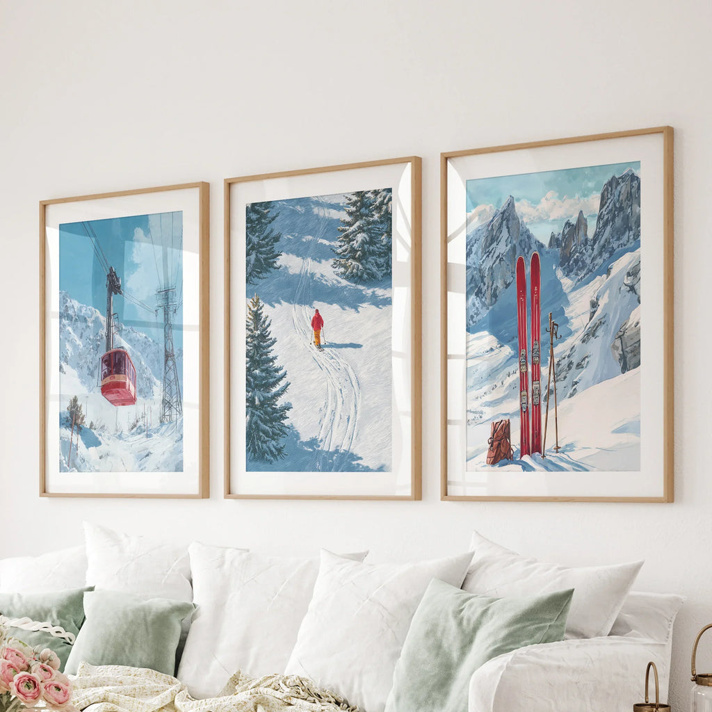 Snowy Mountain Wall Art Set: Skier, Red Skis, Snowy Trees