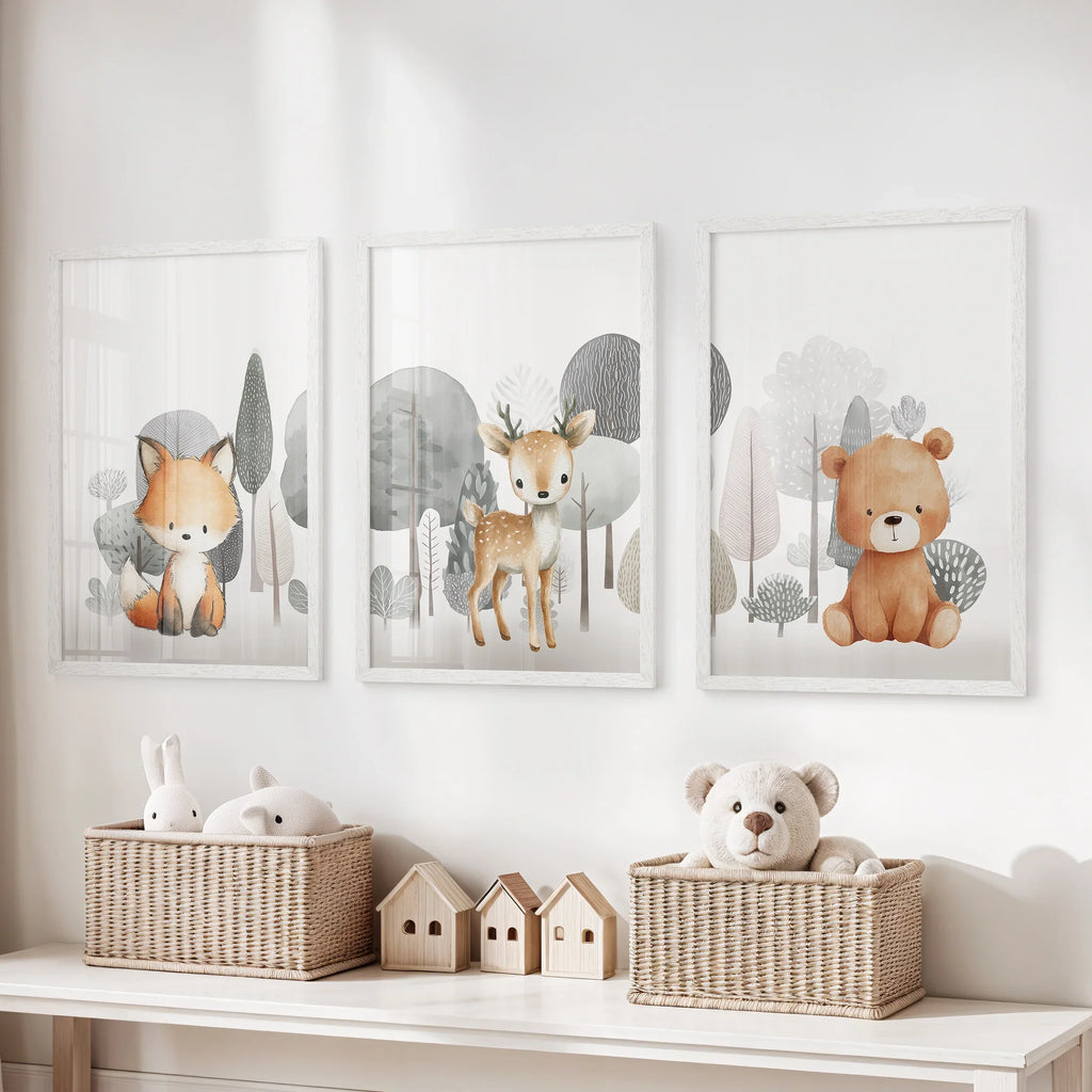 Forest Animal Nursery Decor. Cute Fox Fawn Bear Print Set