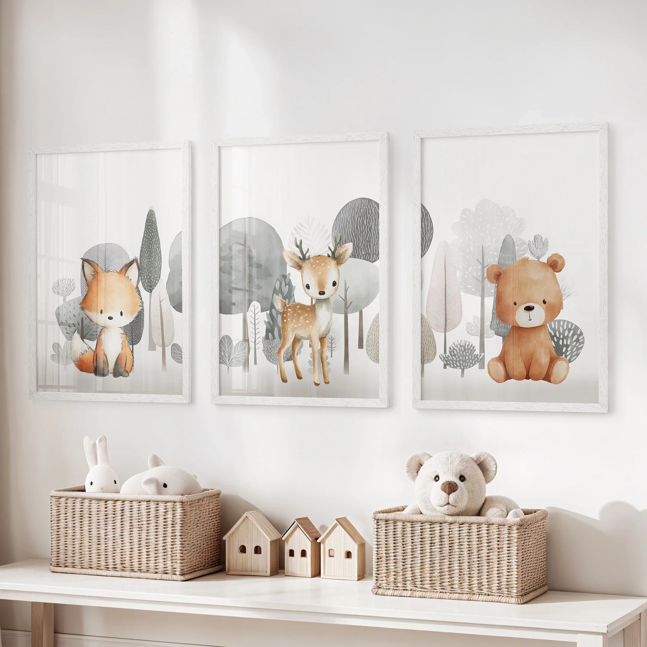 Forest Animal Nursery Decor. Cute Fox Fawn Bear Print Set