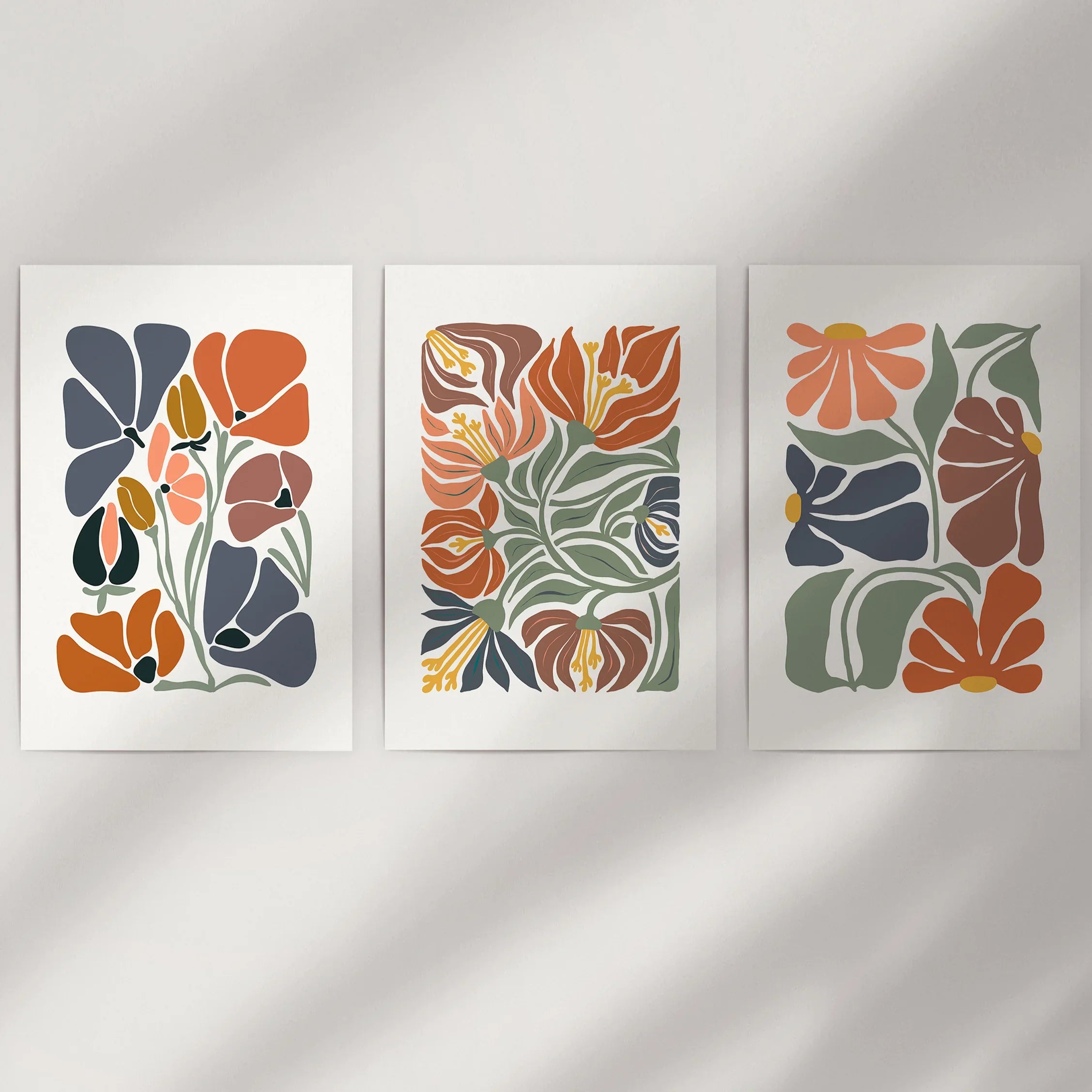 Boho Botanical Set of 3 Wall Art. Abstract Flowers Prints