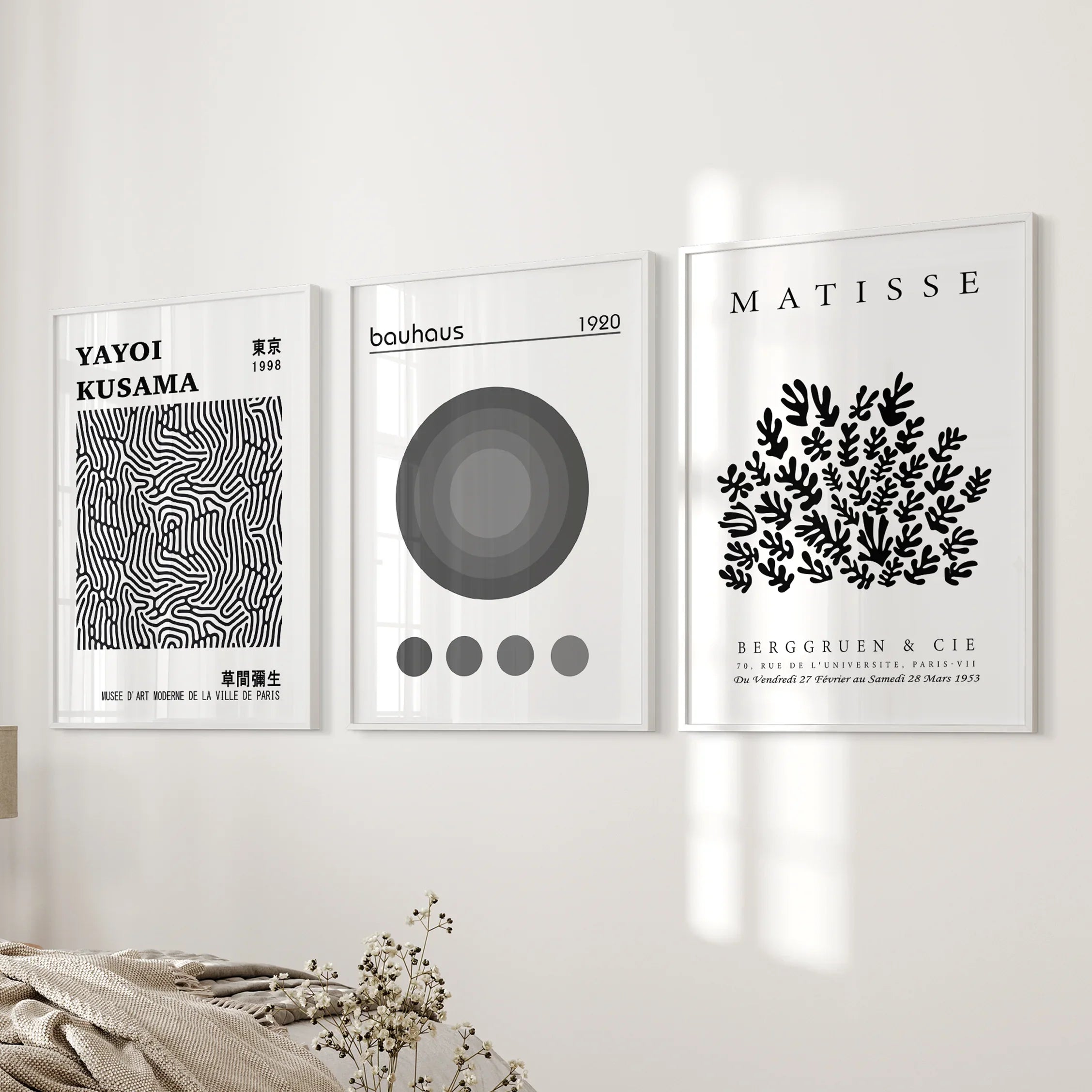 Black White Kusama, Matisse, Bauhaus Posters. Art Set of 3