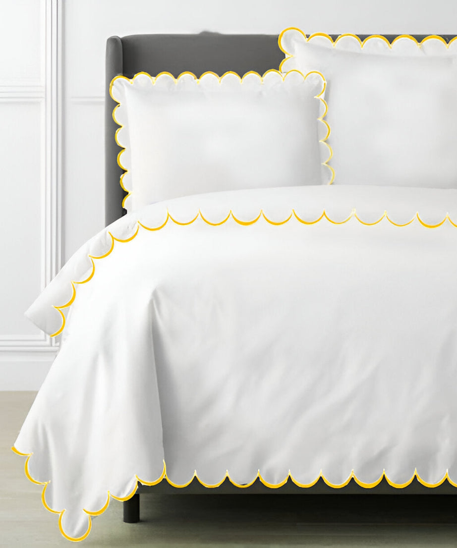 Allena 400TC Cotton Scallop Embroidery Sateen Solid Duvet Cover Set