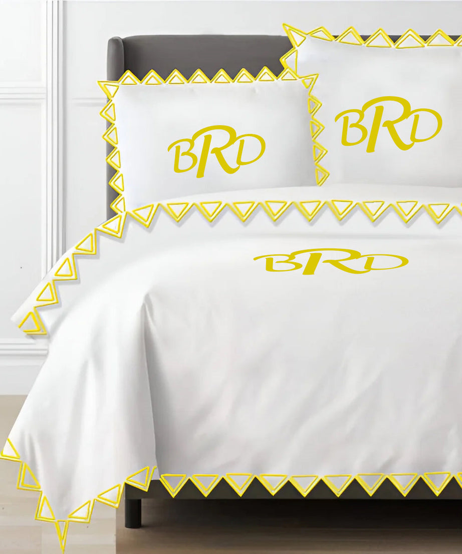 Monogram Ashley 400TC Cotton Traingle Embroidery Sateen Solid Duvet Cover Set