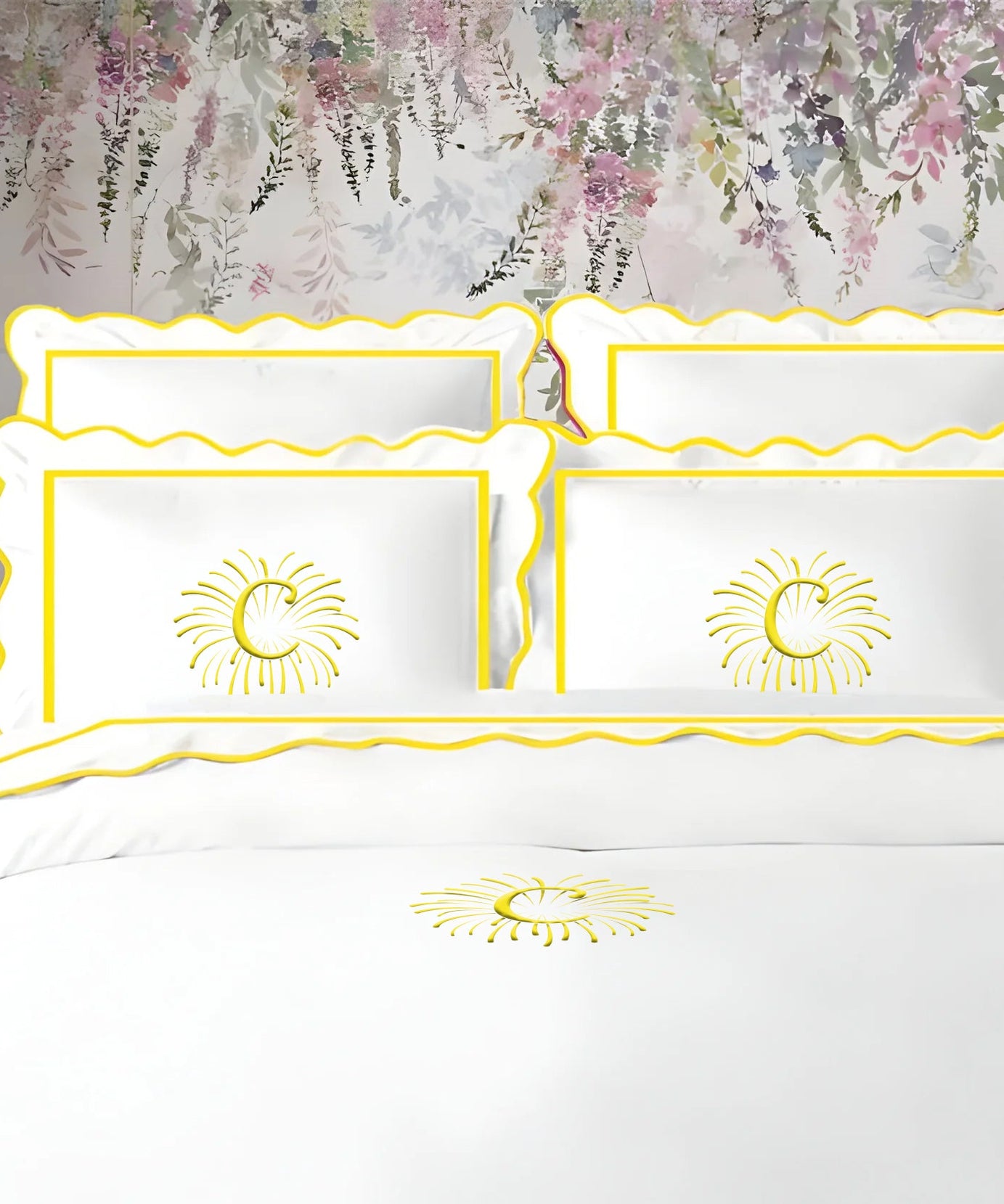 Monogram 400TC Cotton Scallop Embroidery & Border Sateen Solid Duvet Cover Set