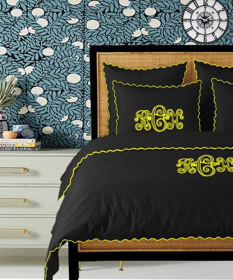 Monogram Black 400TC Cotton Small Scallop Embroidery Duvet Cover Set