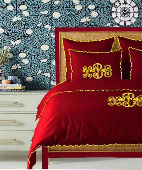 Monogram Burgundy 400TC Cotton Small Scallop Embroidery Duvet Cover Set