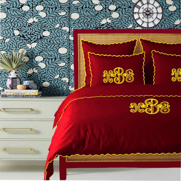 Monogram Burgundy 400TC Cotton Small Scallop Embroidery Duvet Cover Set