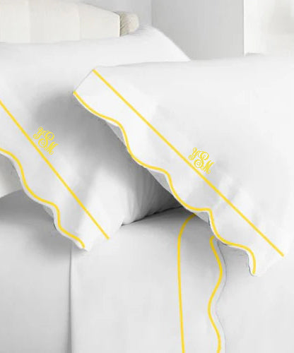 Monogram 400TC Cotton Scallop Embroidery & Border Sateen Solid Sheet Set