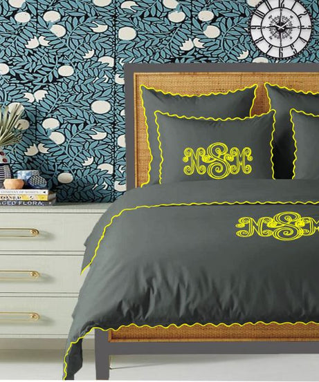 Monogram Dark Grey 400TC Cotton Small Scallop Embroidery Duvet Cover Set