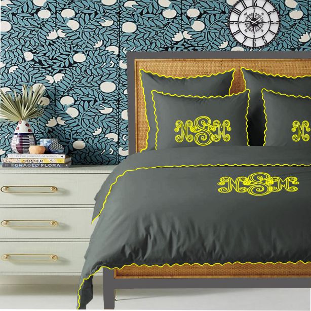Monogram Dark Grey 400TC Cotton Small Scallop Embroidery Duvet Cover Set