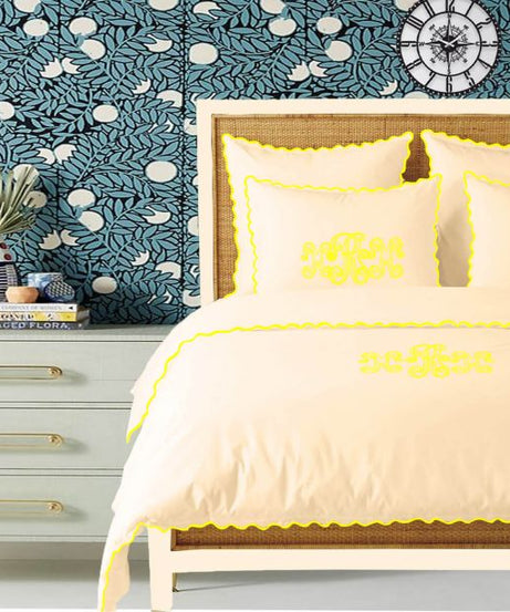 Monogram Ivory 400TC Cotton Small Scallop Embroidery Duvet Cover Set