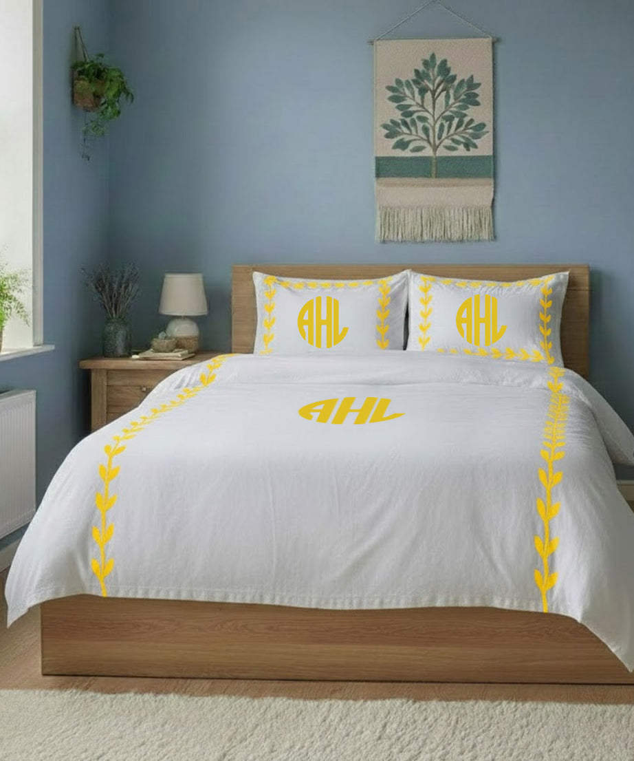 Monogram Layered Leaf Applique Cotton Duvet Cover Set
