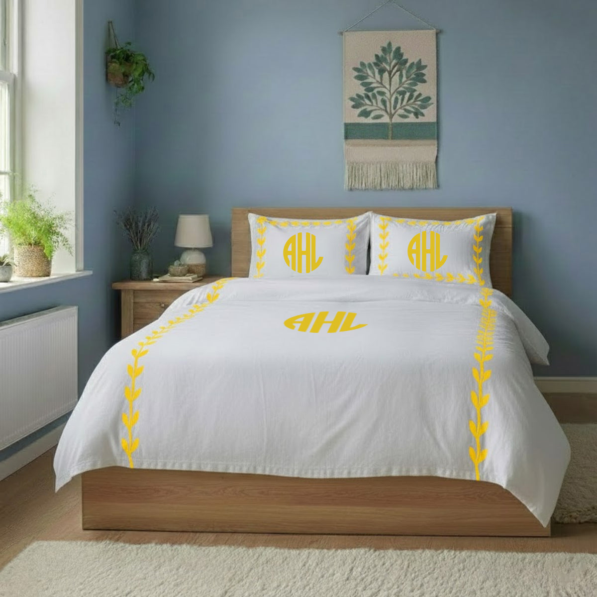 Monogram Layered Leaf Applique Cotton Duvet Cover Set