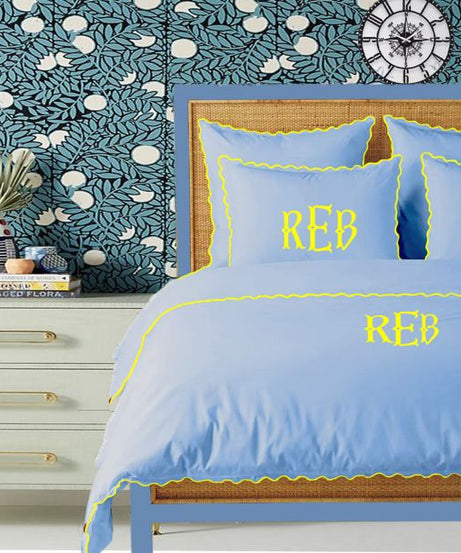 Monogram Light Blue 400TC Cotton Small Scallop Embroidery Duvet Cover Set