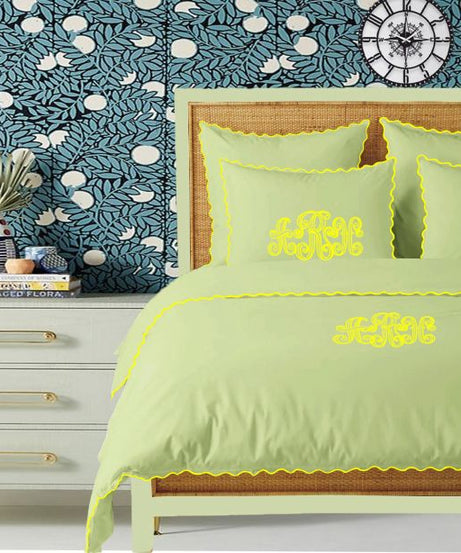 Monogram Sage 400TC Cotton Small Scallop Embroidery Duvet Cover Set
