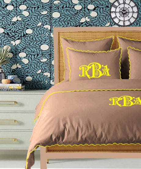 Monogram Taupe 400TC Cotton Small Scallop Embroidery Duvet Cover Set