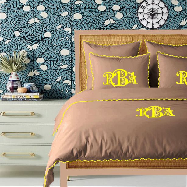Monogram Taupe 400TC Cotton Small Scallop Embroidery Duvet Cover Set