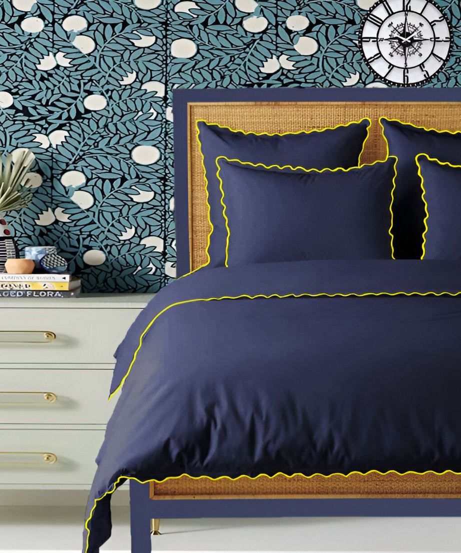 Navy 400TC Cotton Small Scallop Embroidery Duvet Cover Set