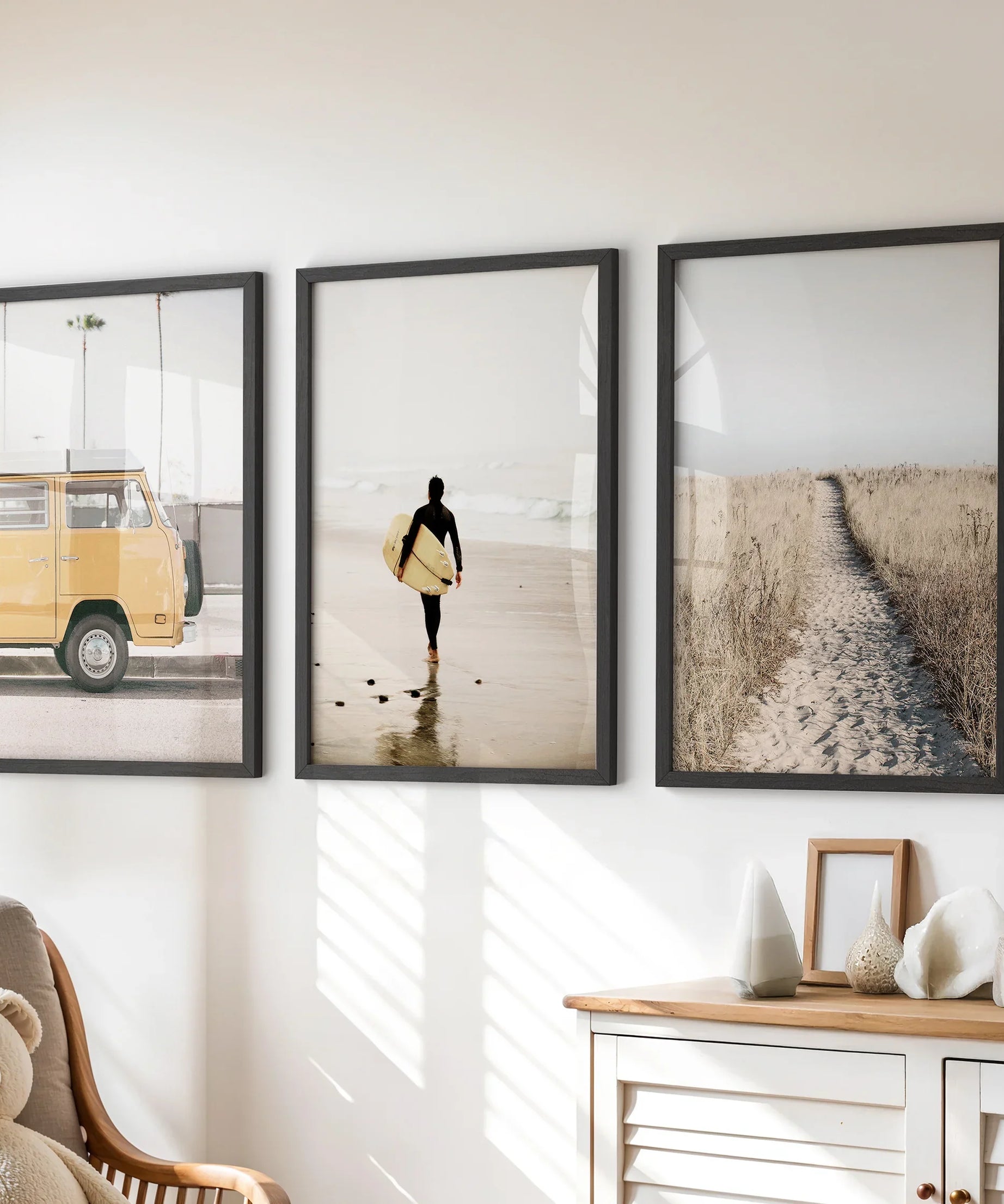 California Beach Set of 3 Prints. Surfer, Retro Van Decor