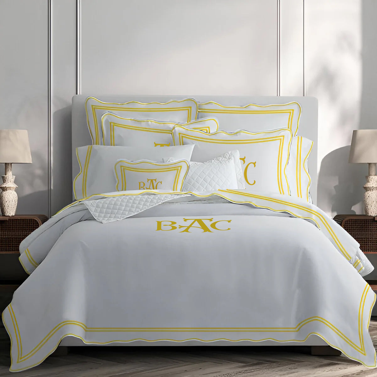 Monogram 400TC Wavy Embroidery & Border Cotton Sateen Solid Duvet Cover Set