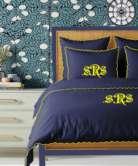 Monogram Navy 400TC Cotton Small Scallop Embroidery Duvet Cover Set
