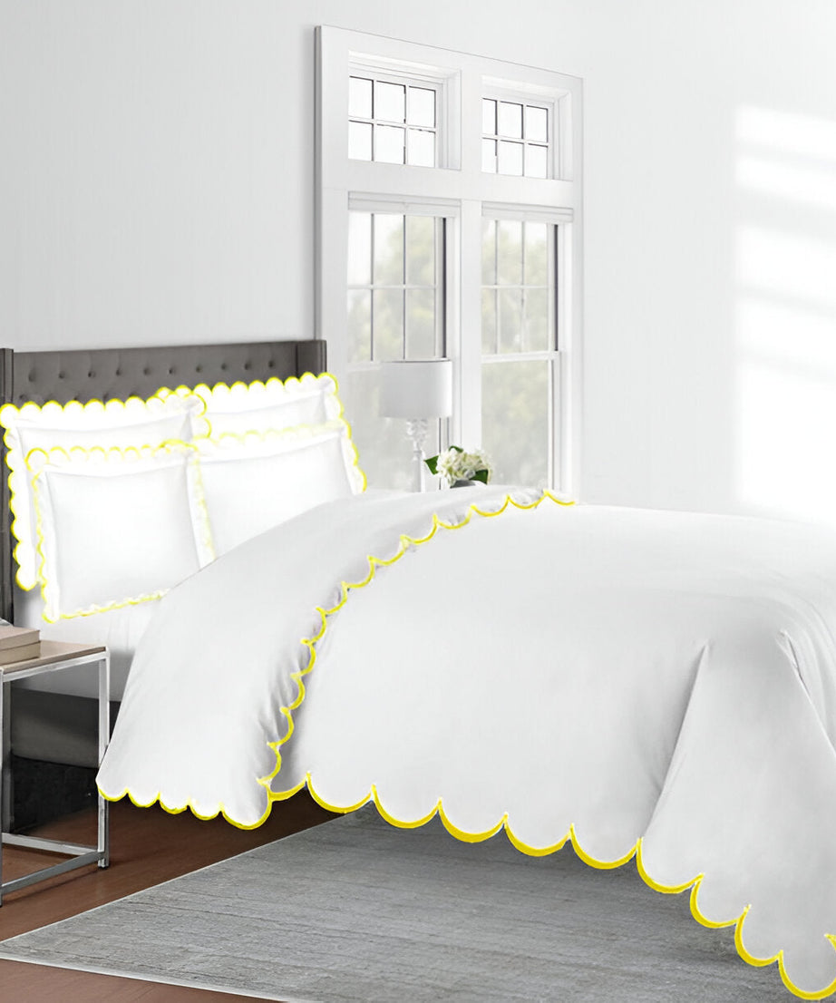 Allena 400TC Cotton Scallop Embroidery Sateen Solid Duvet Cover Set