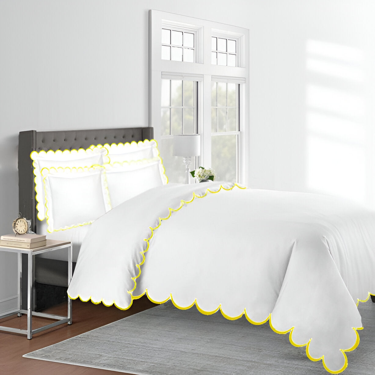 Allena 400TC Cotton Scallop Embroidery Sateen Solid Duvet Cover Set