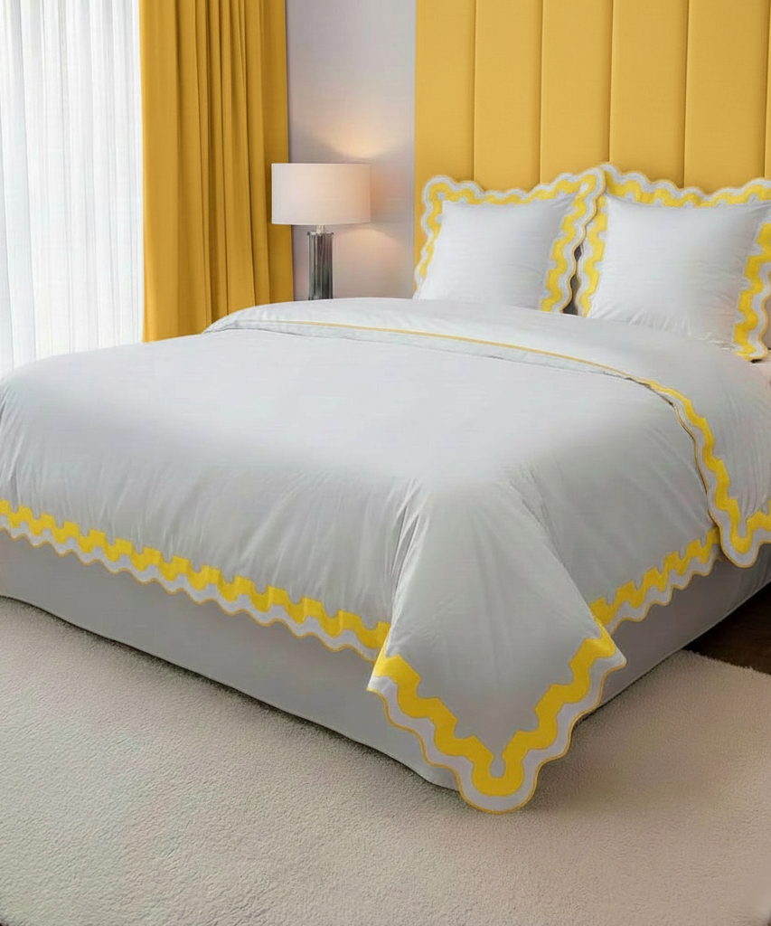 400TC U Shape Applique Scalloped Embroidery Cotton Duvet Cover Set