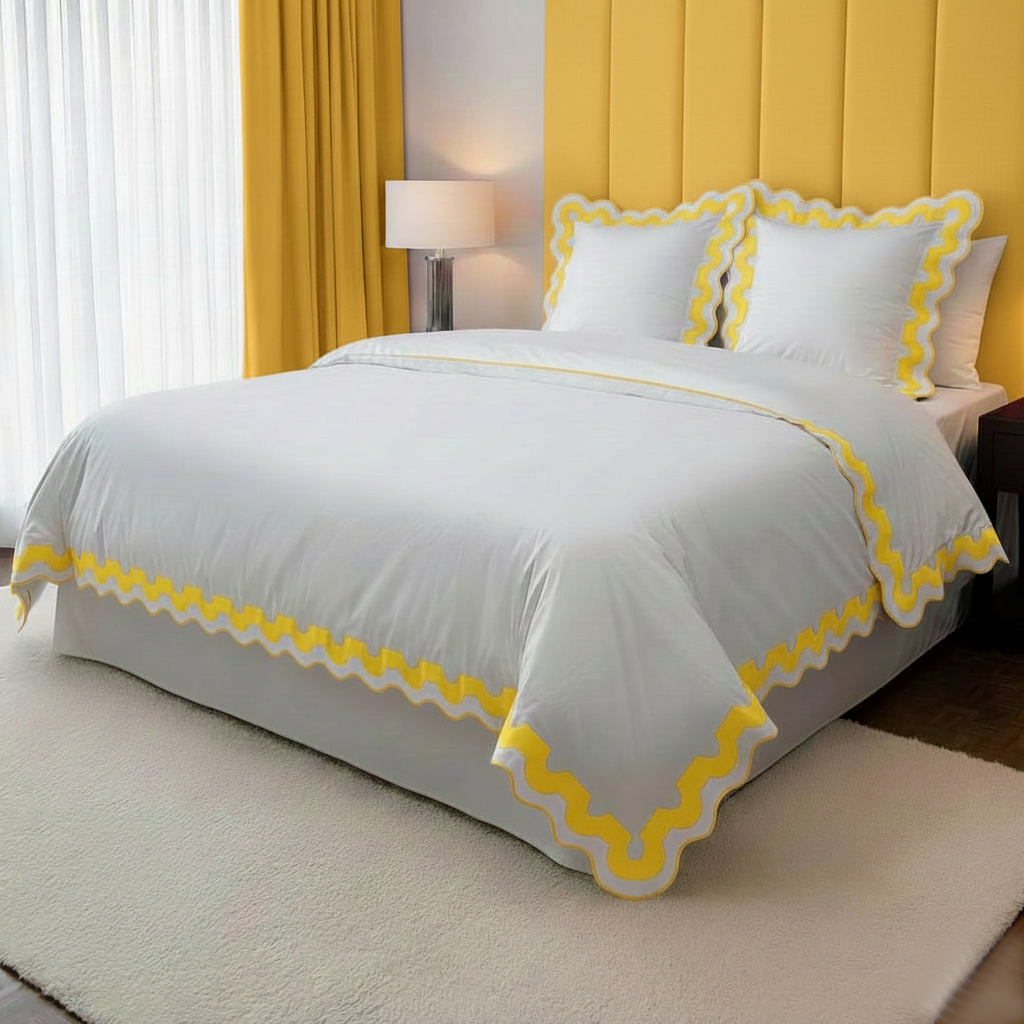 400TC U Shape Applique Scalloped Embroidery Cotton Duvet Cover Set