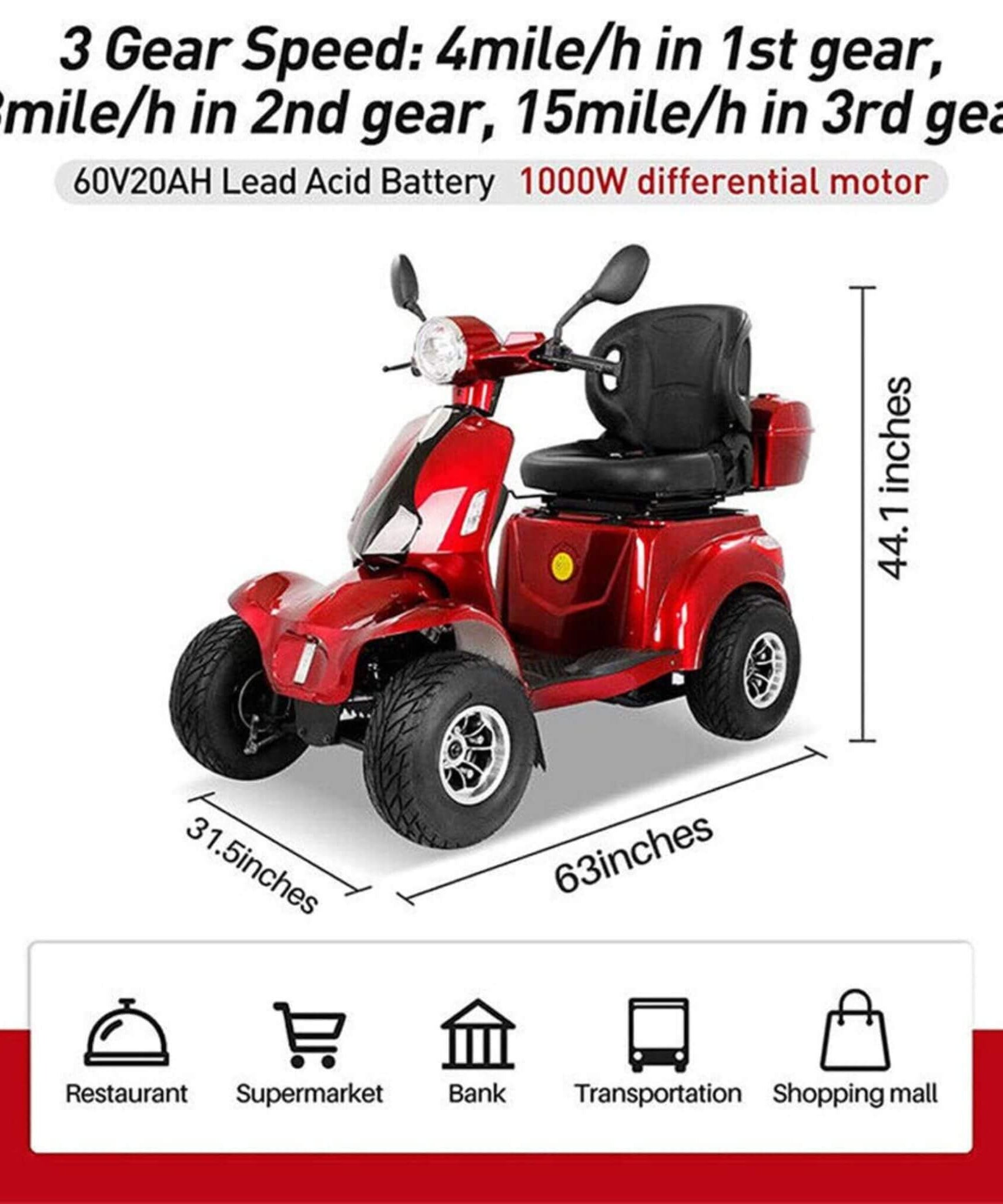 Zvg 4-Wheel 60V/20AH Electric Golf Senior Travel Mobility Scooter For Adults, 440LBS (SAK91582)