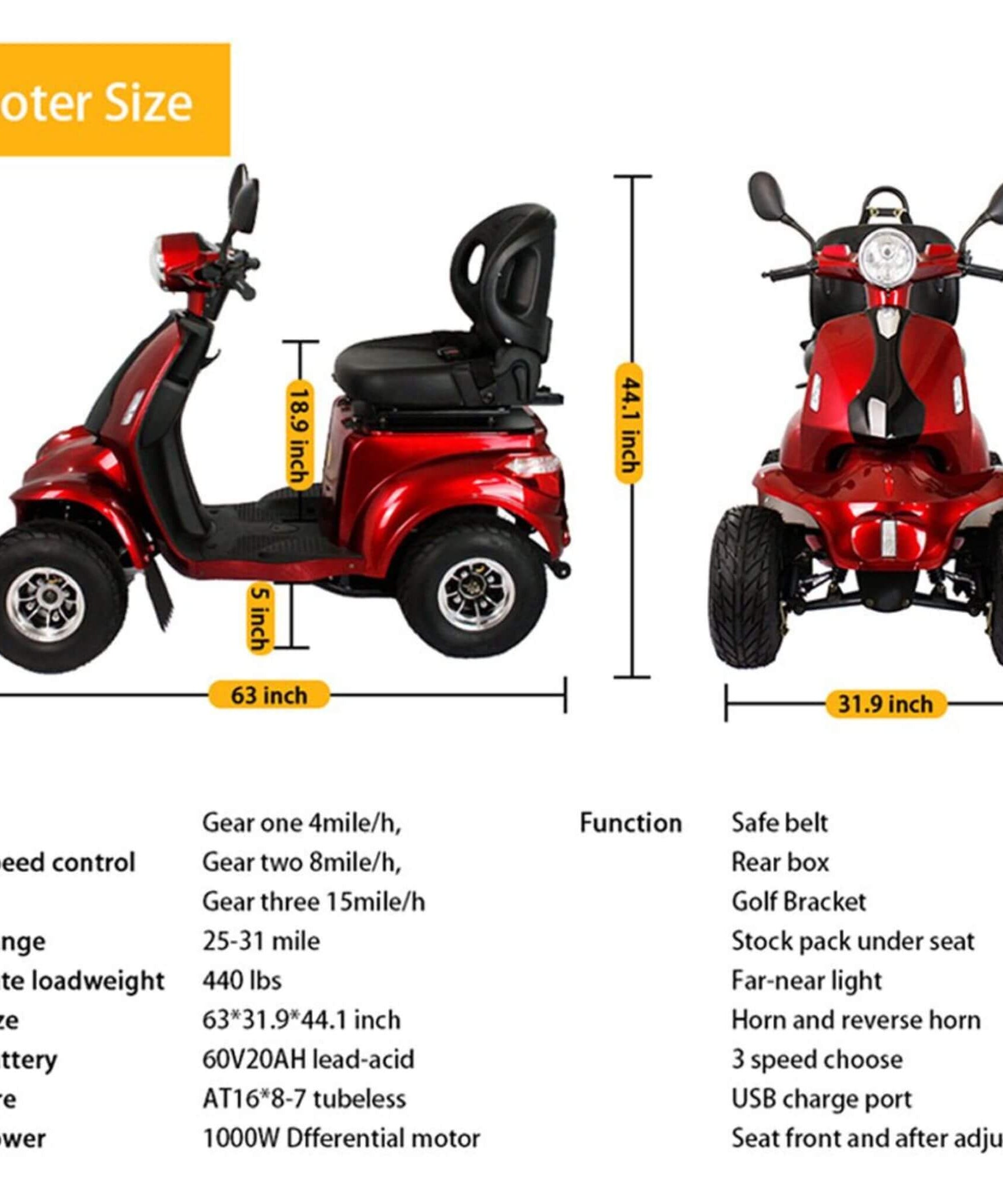 Zvg 4-Wheel 60V/20AH Electric Golf Senior Travel Mobility Scooter For Adults, 440LBS (SAK91582)
