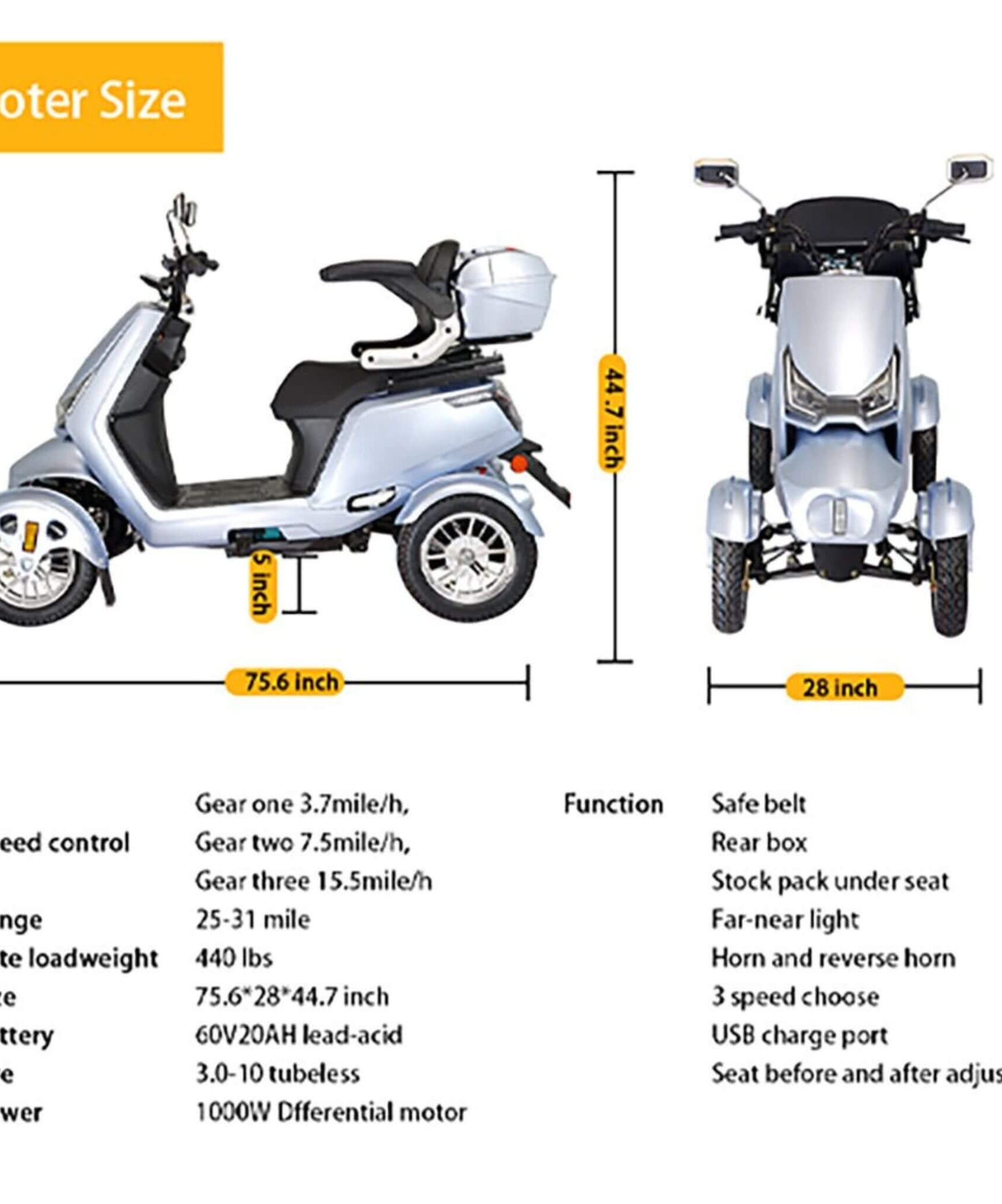 Zvg Heavy-Duty 1000W 60V/20AH 330LBS Four-Wheel All-Terrain Travel Mobility Scooter [SN-4L] (SAK97245)