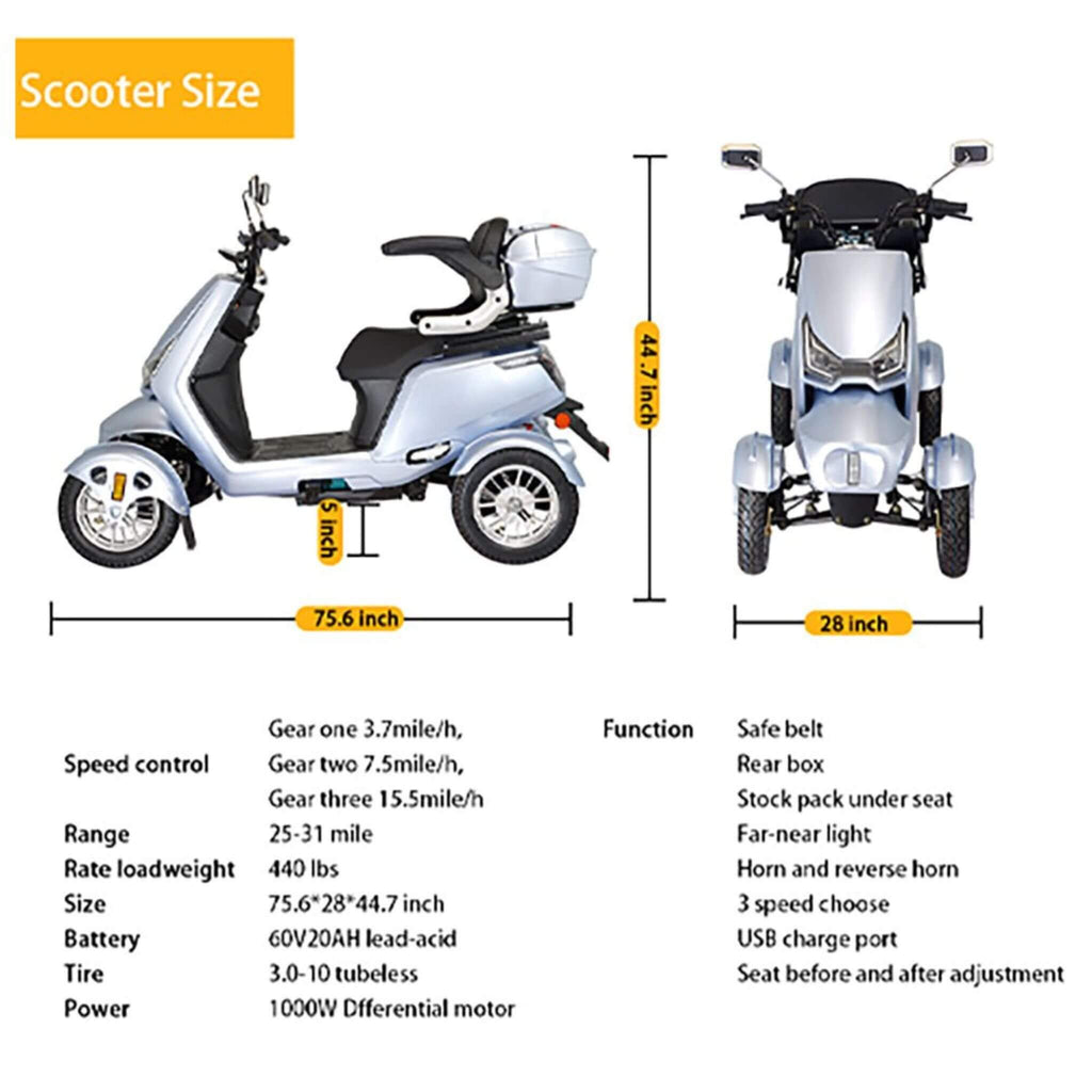 Zvg Heavy-Duty 1000W 60V/20AH 330LBS Four-Wheel All-Terrain Travel Mobility Scooter [SN-4L] (SAK97245)