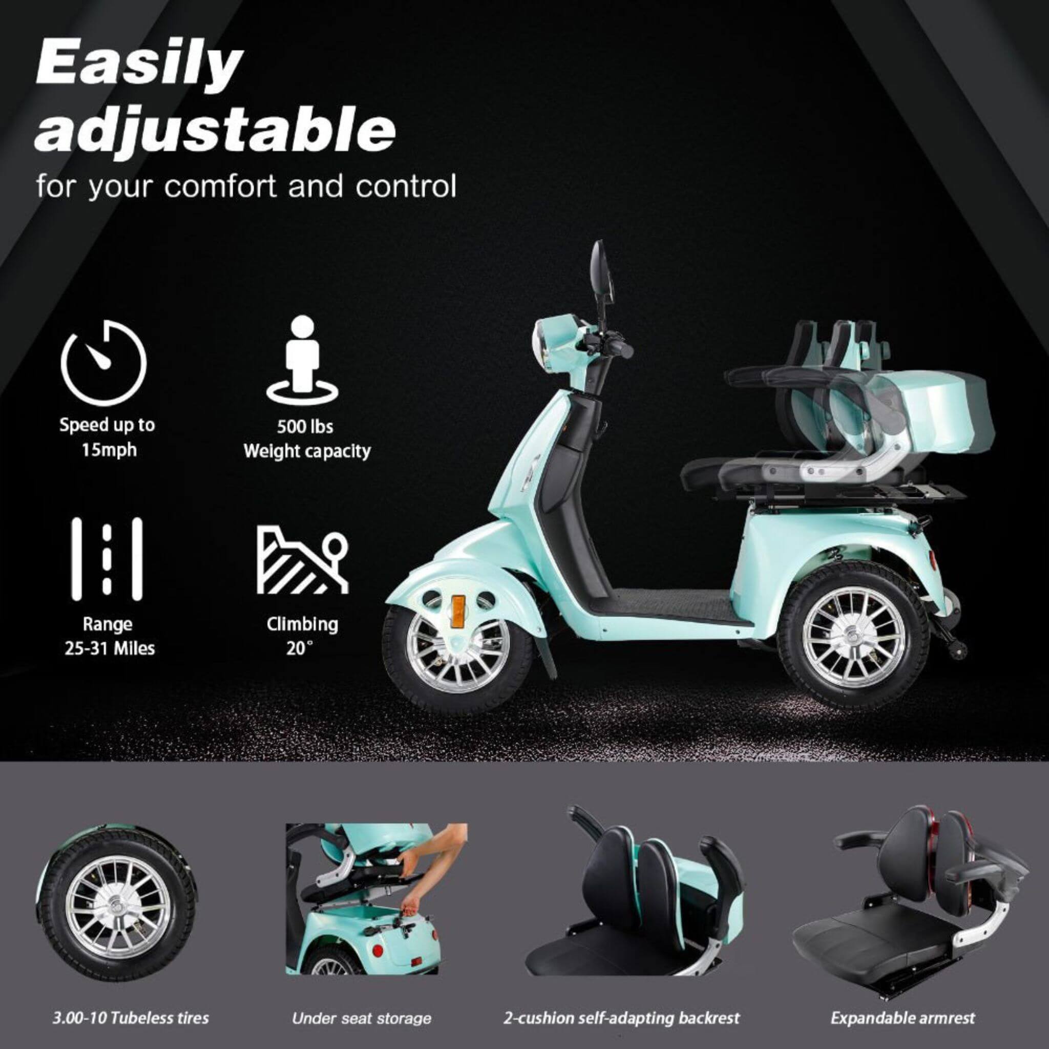 Zvg Heavy-Duty 800W 60V20AH Four Wheel All-Terrain Travel Mobility Scooter For Adults And Seniors, 500LBS (SAK97156)